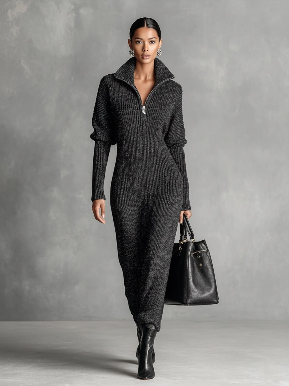 Modesees Women's Minimalist Gray Zipper Neck Knitted Maxi Dress Size S